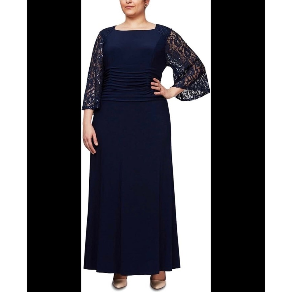 SLNY Navy Blue Ruched Gown Sequin Lace Bell Sleeve Formal Dress 14P